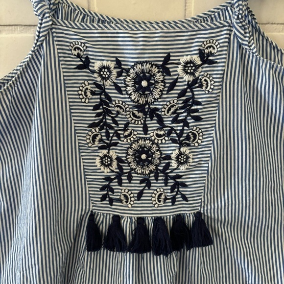 ZARA Blue White Stripe Embroidered Tassel Square Neck Ruffle Strap Tank Top M - Picture 6 of 9